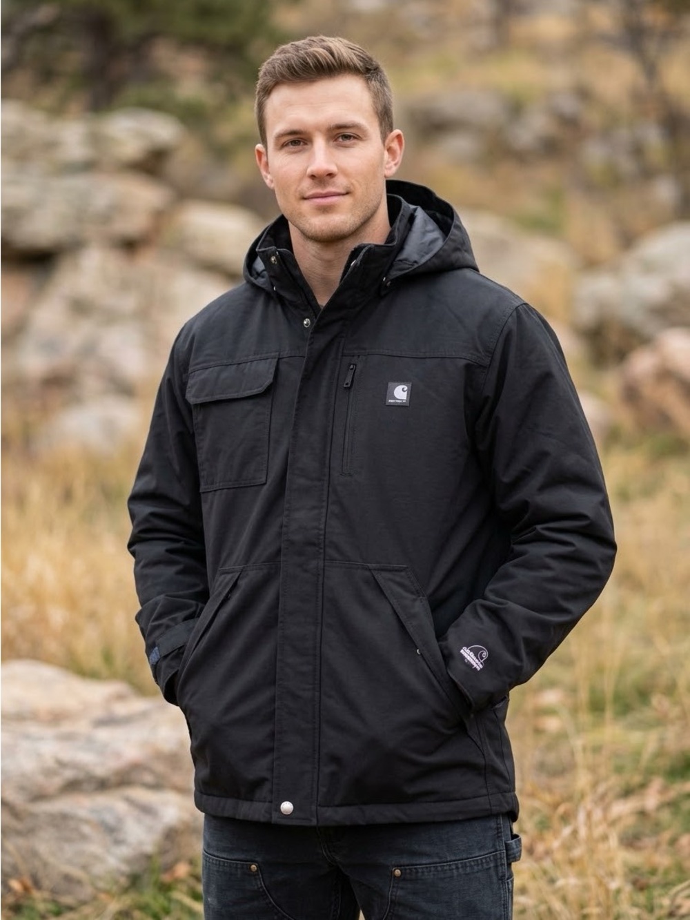 CARHARTT C72 Shoreline Black Waterproof Hooded Workwear Coat Men’s Medium